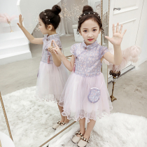 girls cheongsam dress summer children's princess dress tang dress Chinese style children's gauze dress medium and large children's lace dress