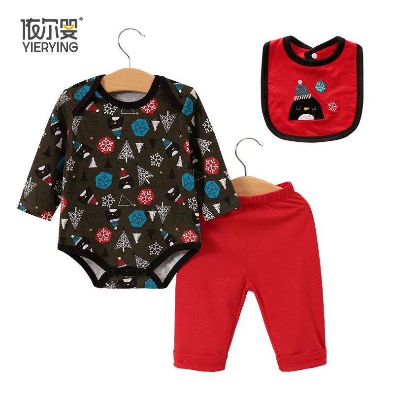 Newborn bag fart clothes net red western style cotton baby triangle romper pants bib three-piece set spring and autumn