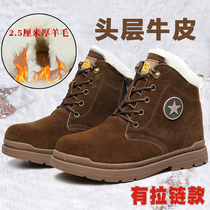Winter thickened wool boots male cowhide outdoor boots Northeast cold snow boots zipper leather warm cotton shoes