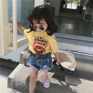 2019夏装新款女童半袖韩版儿童短袖T恤纯棉宽松小童露肩上衣潮