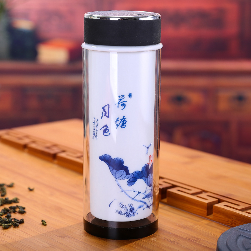 Jingdezhen ceramic cup double tank vacuum cup straight men and women will "bringing a fashionable tea vehicle - mounted cup water