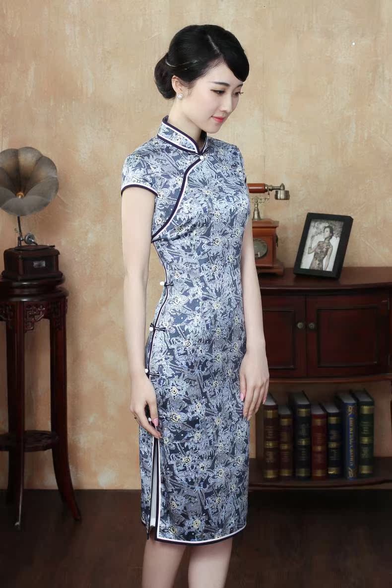 先派夏季真丝旗袍滚边短袖短款妈妈中式复古修身改良蓝色女旗袍