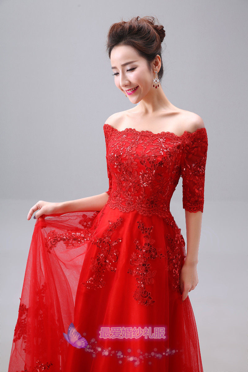 敬酒服新娘时尚2016春新款结婚纱礼服一字肩红色长款宴会晚礼