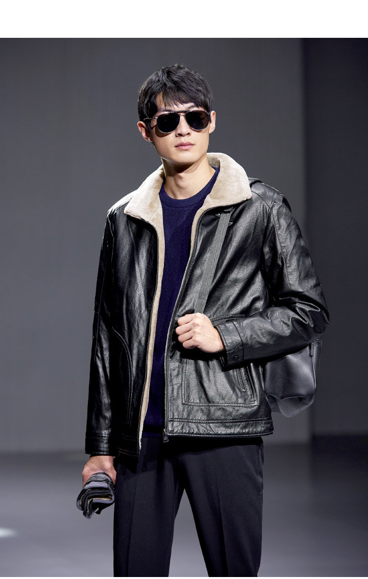 hla/海澜之家时尚花纹仿皮夹克2018冬季新品加绒保暖夹克外套男