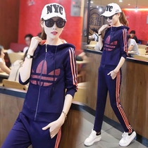 Spring Outdoor Sports Suit Womens Hooded Running Clothes Fashion Sweater Large Size Cotton Clover Leisure Two-piece Set