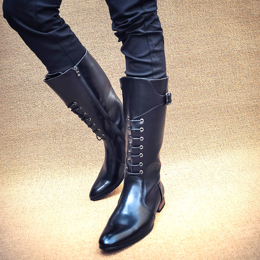 男士尖头高筒皮靴马丁靴高帮长靴马靴时尚英伦复古潮靴个性男靴子