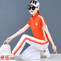 Ice silk leisure sports suit womens fashion foreign style slim summer thin fitness clothes morning running quick-drying clothes womens clothing
