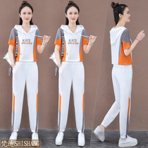 Ice silk cotton linen stitching casual suit female summer 2022 new cool breathable nine-point pants sportswear two-piece set
