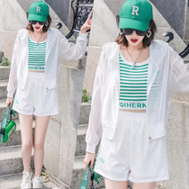 Western-style shorts suit summer womens high-waist fashionable three-piece fashion sunscreen tops shorts womens sportswear