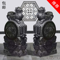 A pair of stone carving door piers holding drum stones Lucky Pixiu janitor Unicorn elephant wine pier courtyard shop door decoration ornaments