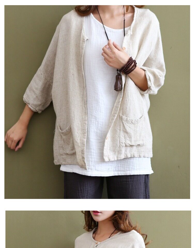 原创设计文艺复古棉麻开衫外套女秋冬季宽松衬衫中袖亚麻料上衣