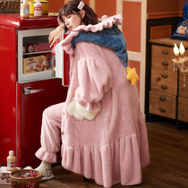 Sleeping Robe Woman Autumn Winter Long Section Coral Suede Plus Suede Thickened Warm Sweet Mermaid Fashion Tandem Hat Home Suit Suit