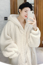 Nightgown female flannel autumn and winter long plus velvet padded warm pajamas sweet girl hooded solid color home clothes