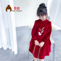 Girl's national style cheongsam skirt new children in autumn and winter thickened the red velvet dress for the little girl in Christmas New Year