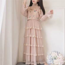 Siêu cổ tích cổ V, váy tutu lưng cao, lưới sequins, đan dây, đáy, váy ôm, váy dài - Váy eo cao