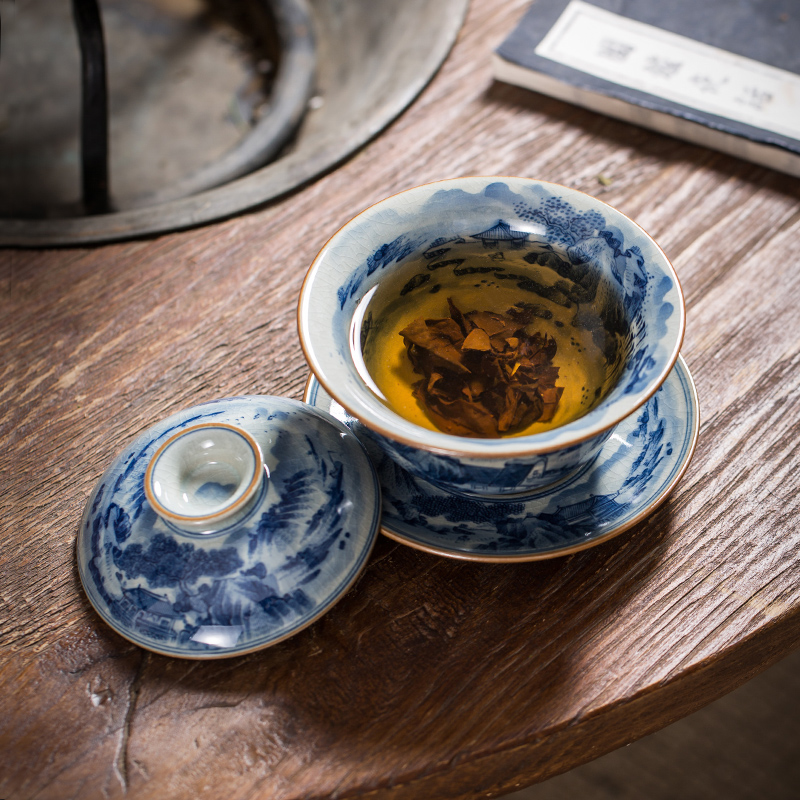 Old owl up clay five blue and white tureen tea service manual hand - made surface landscape maintain large kongfu tea bowl