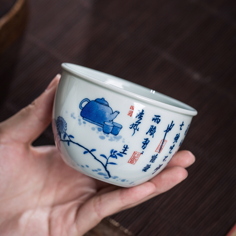 Owl up jingdezhen porcelain hand - made tea maintain single cylinder cup kung fu tea tea cup calligraphy seven bowl tea poetry