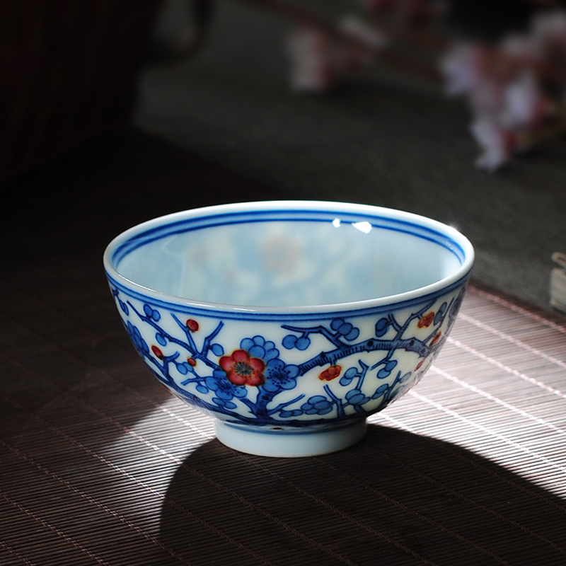 Owl up jingdezhen blue and white youligong kung fu tea cups master cup single cup sample tea cup name plum flower cup drawing