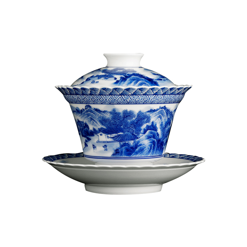 Jingdezhen ceramic tureen hand - made scenery always kung fu tea set manual blue three cups to bowl to bowl