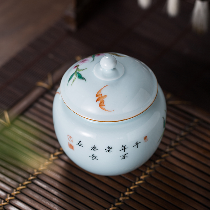 The Owl up jingdezhen checking ceramic POTS peach blue glaze caddy fixings small round antique porcelain cover pot