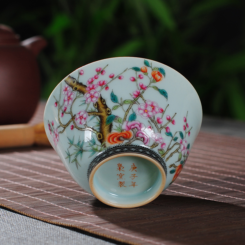 The Owl up jingdezhen antique green glaze colored enamel tea name plum flower wall painting master kung fu tea cups of tea