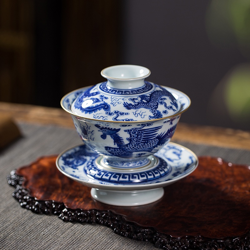 Owl up all hand blue - and - white porcelain covered bowl bowl painting of hand - made of longfeng pattern wind palace tea cups