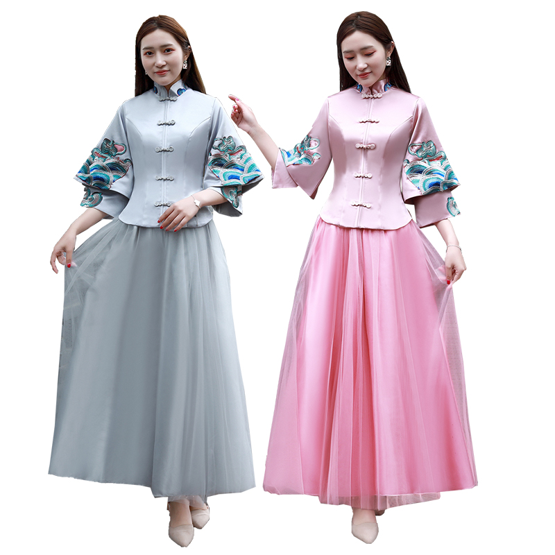 Chinese style bridesmaid dress 2019 winter new show wo dress pink long Chinese style sister group wedding bridesmaid skirt female