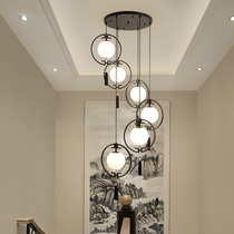 New Chinese style stair chandelier Chinese style Zen duplex building villa modern simple three-headed led restaurant long chandelier