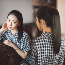 Real hair ponytail wig womens long straight hair 40 short strap double high pear flower roll full real hair Silk Braid