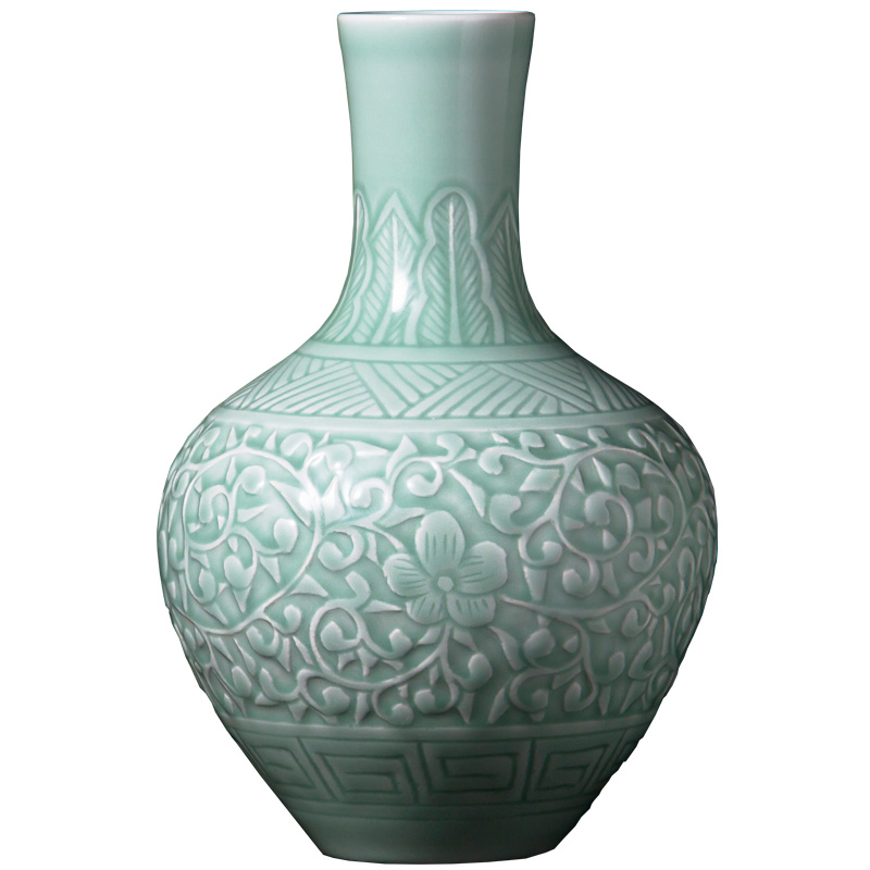 Shadow green new Chinese jingdezhen ceramic vase engraving sitting room rich ancient frame furnishing articles home decoration flower arranging flowers