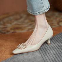White High heel Shoe female square head Single shoe 2021 Spring paragraph Shallow Mouth Genuine Leather Heel Low Heel Pearl Light Yellow Goat Leather Shoes