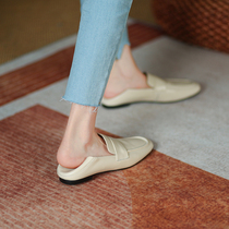 Two wearing soft leather grandma shoes retro Lefu shoes female summer one foot pedal single shoe woman flat bottom deep mouth driving shoes sloth shoes