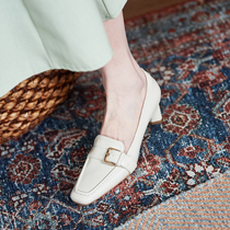 2021 New light-mouth genuine leather single shoes female summer with buckle fa style retro white High heel shoe temperament coarse heel