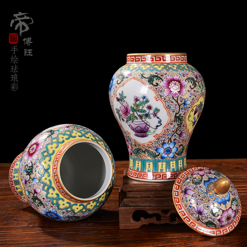 Jingdezhen ceramic vases, flower implement furnishing articles of high - grade checking antique general colored enamel pot cover home decoration