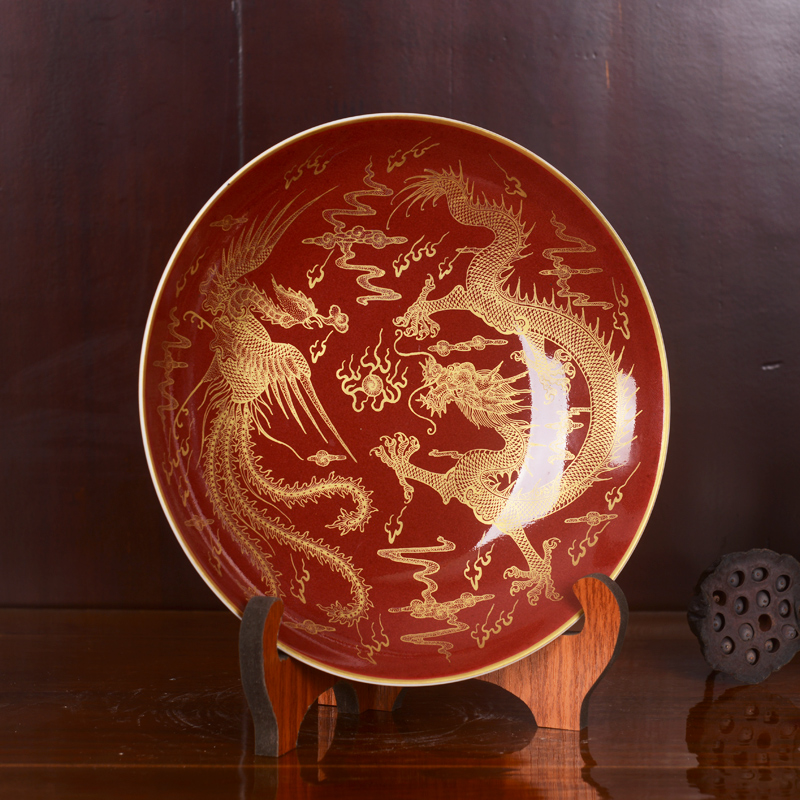 Jingdezhen ceramics imitation the qing qianlong red bottom paint longfeng lines hanging dish dish home fashion decoration decoration