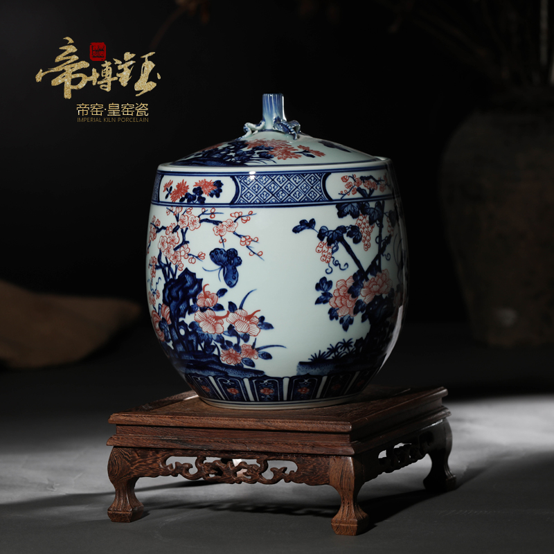 Jingdezhen ceramic storage tank lid tank high - grade hand - made porcelain youligong red flower butterfly caddy fixings ornament