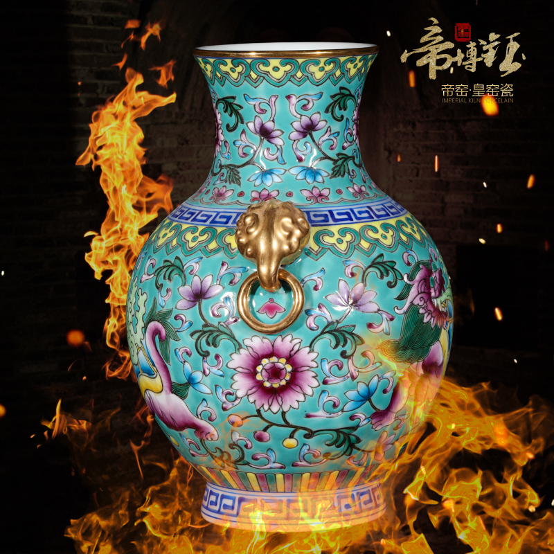 Jingdezhen imitation the qing qianlong year all checking quality blue bottom picture dragon ears trunk vases, antique collection furnishing articles