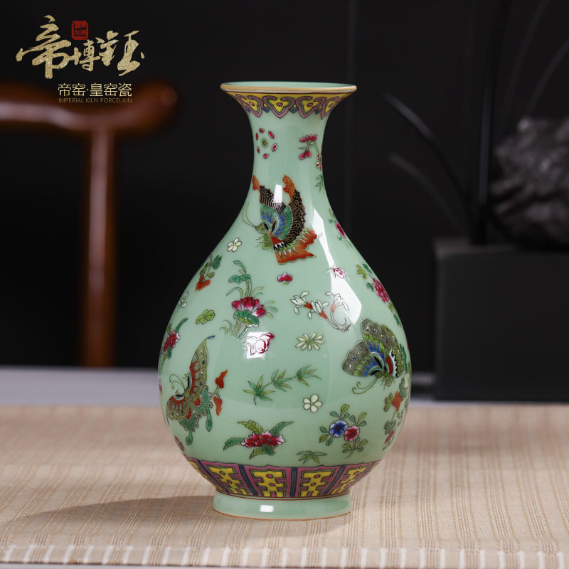 Jingdezhen ceramics pea green butterfly antique hand - made okho spring vase decoration home decoration handicraft furnishing articles