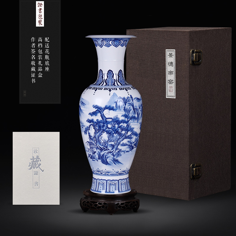 Jingdezhen blue and white landscape hand - made ceramics vase modern Chinese style living room TV cabinet decoration handicraft furnishing articles