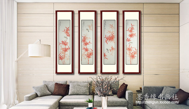 纯手绘四条屏竹子花鸟画国画齐鲁画院书画作品真迹客厅四扇屏字画