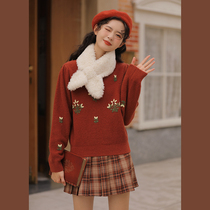 Lingjiu round neck crochet sweater womens season 2021 soft sticky lazy wind loose inside with red knitted pullover top