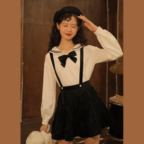 Lingjiu black suspender skirt spring cake short skirt small size Japanese sweet woman a high waist puff skirt