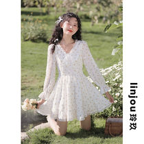 linjou Lingjiu French floral dress womens long sleeve spring 2022 gentle chiffon waist skirt small man