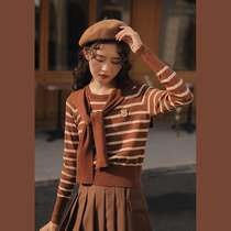 Lingjiu academy style striped long-sleeved sweater womens spring and autumn holiday two pieces of knitwear slim design sense shawl top