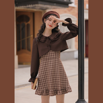 Lingjiu design sense short coat womens vintage plaid suspender dress two-piece set 2022 spring new set