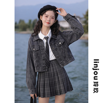 Linjou Lingjiu 2022 Spring and Autumn New Korean Edition Loose Wild Dark Blue Small Man Short Denim Jacket Woman
