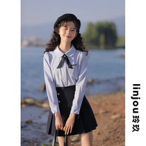 Lingjiu design sense niche blue shirt womens spring and autumn new temperament inner top long sleeve jK shirt 2022