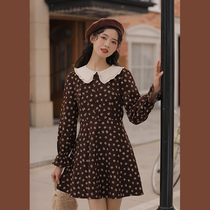 Lingjiu dress womens thick spring 2022 waist thin doll collar skirt retro long sleeves inside the floral skirt