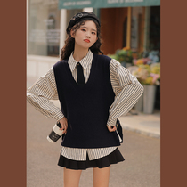 Lingjiu vest womens spring 2022 spring vintage sweater vest set striped horse clip shirt two-piece set of preppy style