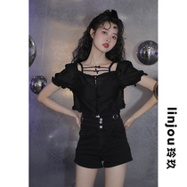 Lingjiu design sense chiffon shirt womens spring summer 2022 new careful machine off-the-shoulder sexy one-word shoulder top